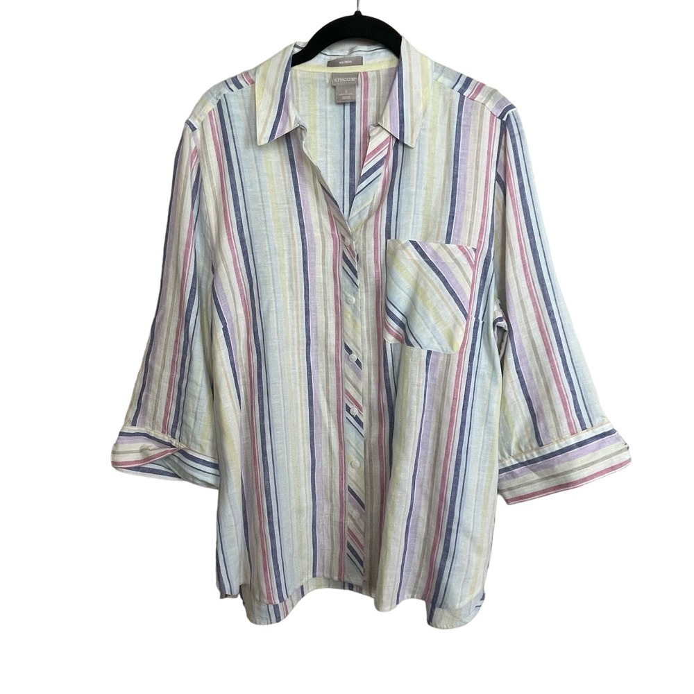 Chico's Size 2 US 12/14 Button‎ Up Linen Colorful Striped Top 3/4 Sleeve
